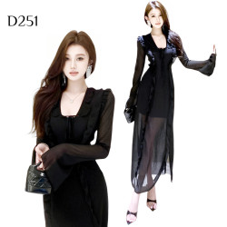 V領荷葉邊長款兩件套連衣裙 編號:D251