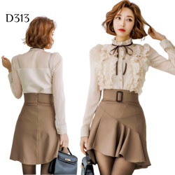 立領透視襯衫 + 荷葉邊半身裙套裝 編號:D313