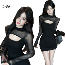 網紗拼接透視長袖連衣裙 編號:D356