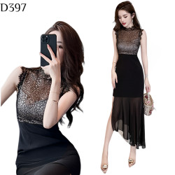 雪紡不規則蕾絲連衣裙 編號:D397