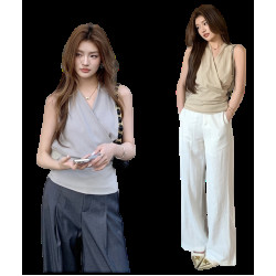 棉麻闊腿褲+V領綁帶無袖襯衫套裝 編號:D400