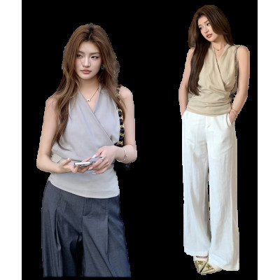 棉麻闊腿褲+V領綁帶無袖襯衫套裝 編號:D400 棉麻闊腿褲+V領綁帶無袖襯衫套裝 編號:D400