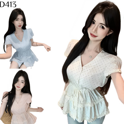 木耳波點抽繩襯衫 編號:D413