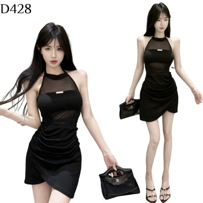 黑色彈力不規則連衣裙 編號:D428