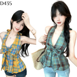 格紋掛脖露背背心 編號:D435
