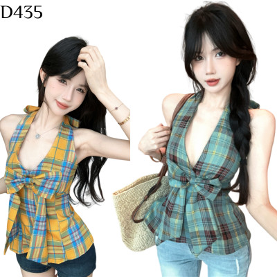 格紋掛脖露背背心 編號:D435