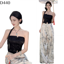 中式胸墊吊帶 + 水墨畫褲套裝 編號:D440