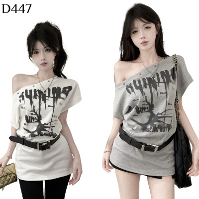 美式字母斜肩收腰T恤 編號:D447