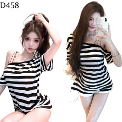 名稱 慵懶條紋斜肩T恤 編號:D458