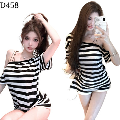 名稱 慵懶條紋斜肩T恤 編號:D458