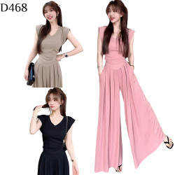 V領小飛袖+長褲 套裝 編號:D468