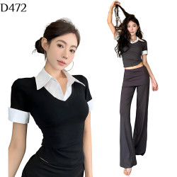 拼接Polo領+微喇褲套裝 編號:D472