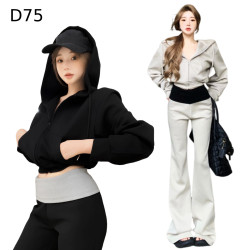 長袖連帽短版上衣+撞色微喇叭長褲 套裝編號:D75