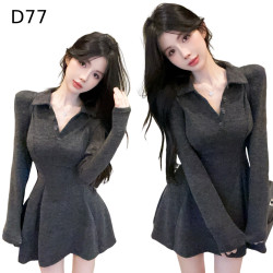 復古深灰色V領修身連身裙 編號:D77