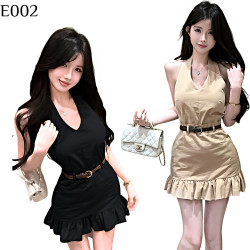 掛脖荷葉邊A字腰帶裙 編號:E002