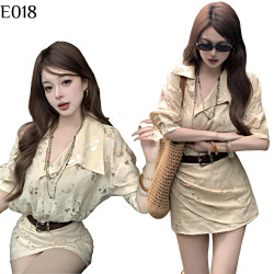 杏色浮雕浪花連身裙 編號:E018