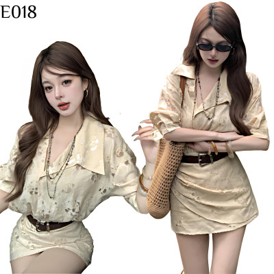 杏色浮雕浪花連身裙 編號:E018