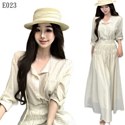 復古條紋襯衫+長裙套裝 編號:E023