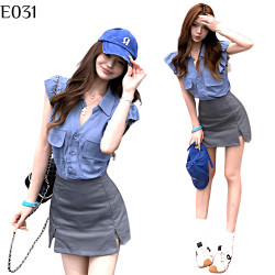 韓版休閒V領排釦短袖襯衫 女士短版翻領上衣+高腰開衩A字短裙 夏季時尚兩件式套裝 編號:E031