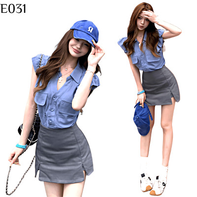 韓版休閒V領排釦短袖襯衫 女士短版翻領上衣+高腰開衩A字短裙 夏季時尚兩件式套裝 編號:E031