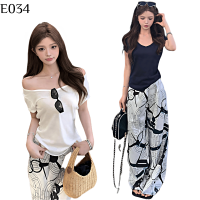 V領T恤緞面+闊腿褲套裝 編號:E034