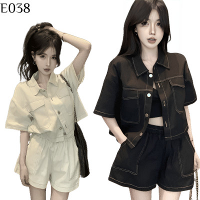 韓版休閒翻領短袖套裝 女士寬鬆短款夾克+高腰短褲兩件套 春夏時尚顯瘦穿搭 編號:E038 韓版休閒翻領短袖套裝 女士寬鬆短款夾克+高腰短褲兩件套 春夏時尚顯瘦穿搭 編號:E038