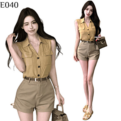 復古卡其色熱褲套裝 編號:E040