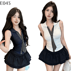 格紋背心+荷葉邊褲裙套裝 編號:E043