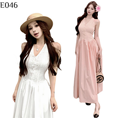 粉色蕾絲掛脖長裙 編號:E046