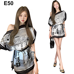 黑白建築圖騰一字領短洋裝 編號：E50