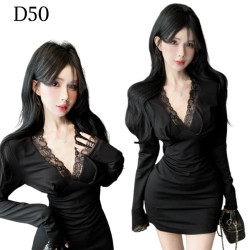 蕾絲拼接V領長袖連身裙 編號:D50