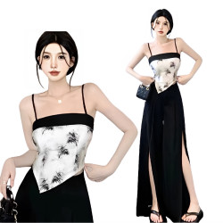 國風水墨畫吊帶開衩褲裙兩件套 編號:C82