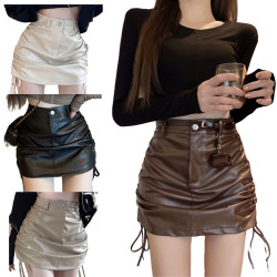 抽繩褶皺高腰皮裙 編號:B411