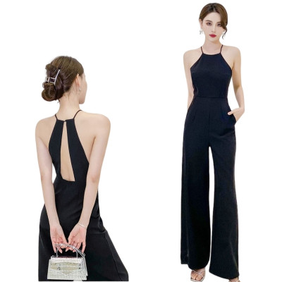 氣質黑色夜宴掛脖露背修身連身褲編號:B156