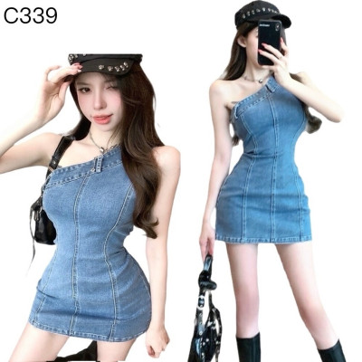 斜肩牛仔背心連身裙編號:C339