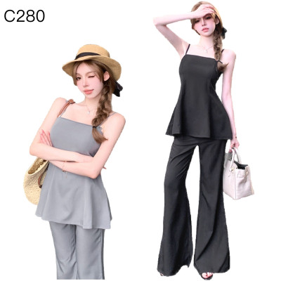 中長款吊带背心+高腰开叉長褲套裝編號:C280