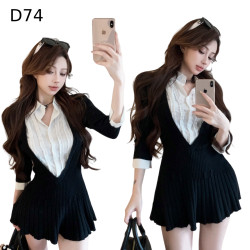 拼接設計感V領百褶連身裙 編號:D74