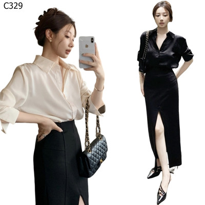 緞面翻領長袖襯衫+長裙套裝編號:C329