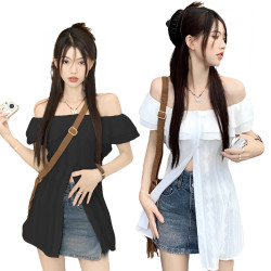 一字肩短袖蕾絲襯衫上衣 編號:C158