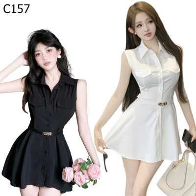 翻領收腰無袖襯衫連衣裙 編號:C157