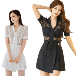 蕾絲上衣+氣質百褶A字半身裙 套裝 編號:B318