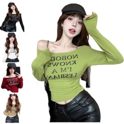 一字領字母長袖上衣 編號:B332