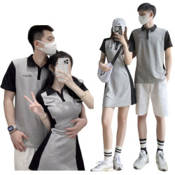 拼色POLO領女收腰連身裙&男短袖情侶裝 編號：A382