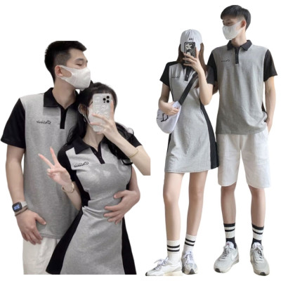 拼色POLO領女收腰連身裙&男短袖情侶裝 編號：A382