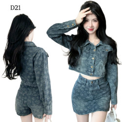 牛仔長袖外套+高腰短裙褲 套裝編號:D21