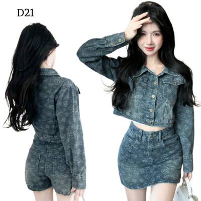 牛仔長袖外套+高腰短裙褲 套裝編號:D21
