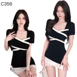 泡泡袖方領連身裙編號:C356