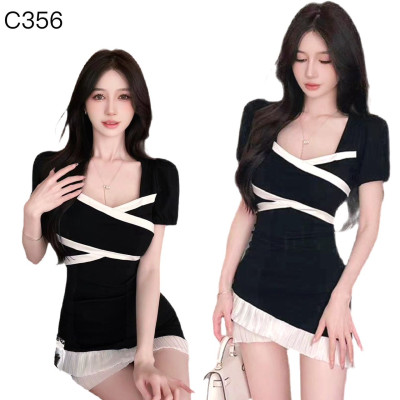 泡泡袖方領連身裙編號:C356