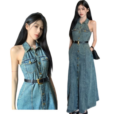 復古翻領無袖牛仔單排扣露肩連身長裙+腰帶 編號:C215