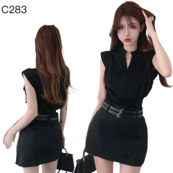 無袖上衣+雙腰帶A字裙 套裝編號:C283